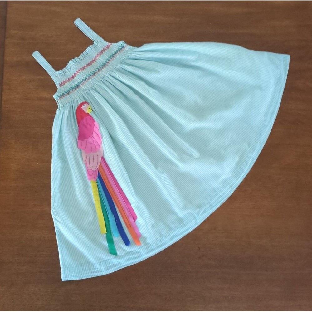 Mini Boden Girls Fun Appliqué Sun Dress Aqua Blue Ticking Parrot size 7/8 GUC